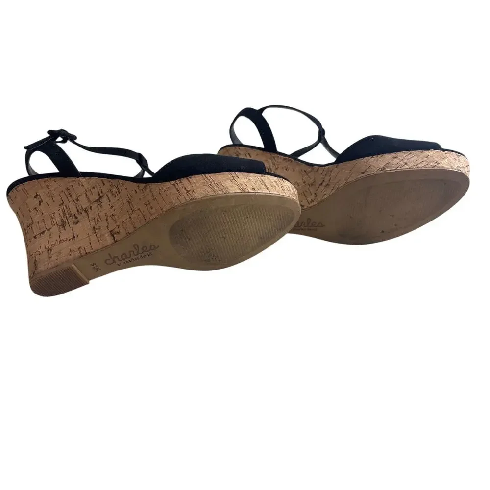 Charles by Charles David Black Cork Wedge Sandals T-Strap Size 8.5